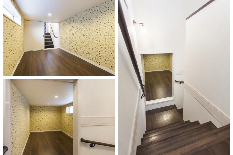 階段の途中にあるのは中二階の収納スペース。