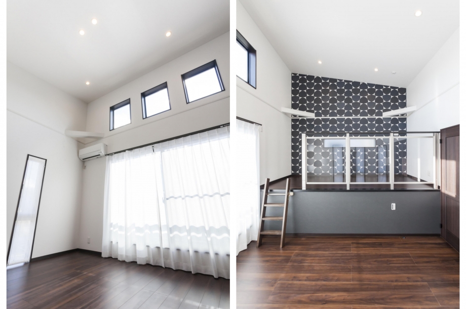 空を切り取る3連窓に、一段上がった書斎スペースも。