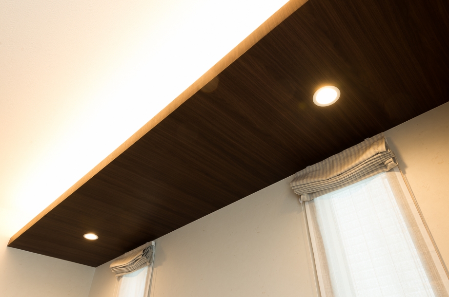 調光機能のあるダウンライトと上部の間接照明でシチュエーションに合わせて空間を演出できます。