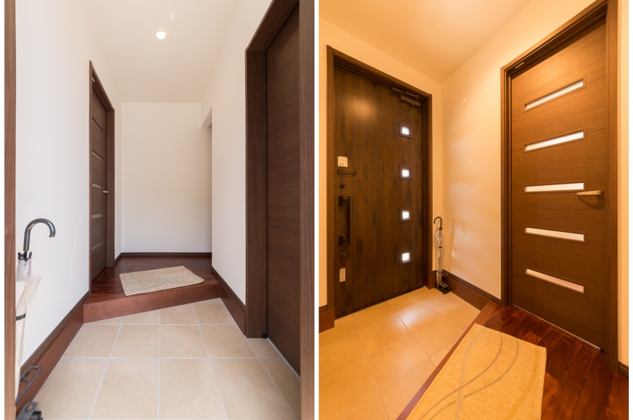 シンプルながら昼と夜で印象の変わる玄関。