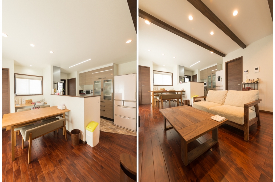 落ち着いた雰囲気のリビングと開放的なキッチン・ダイニング。