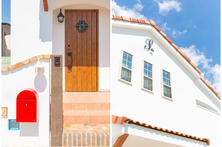 左：玄関周りも統一感のあるスタイルに。　右：軒下のアイアンの妻飾りは家のシンボールマーク。