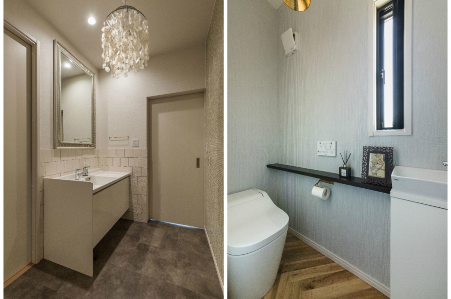 左：お施主様が見つけてきた写真をもとにデザインした洗面室　右：単調になりがちなトイレもヘリンボーンの床でメリハリのある印象に