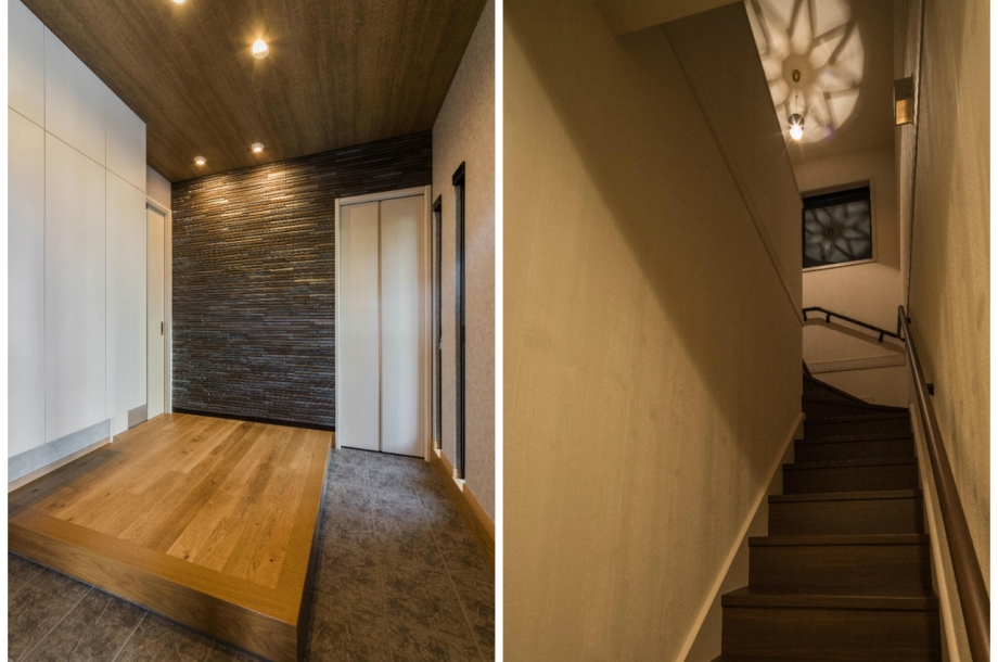 左：間接照明に照らされたタイルが印象的な玄関　右：階段照明が綺麗な影を落とし、昼間とは違ったエレガントな雰囲気に