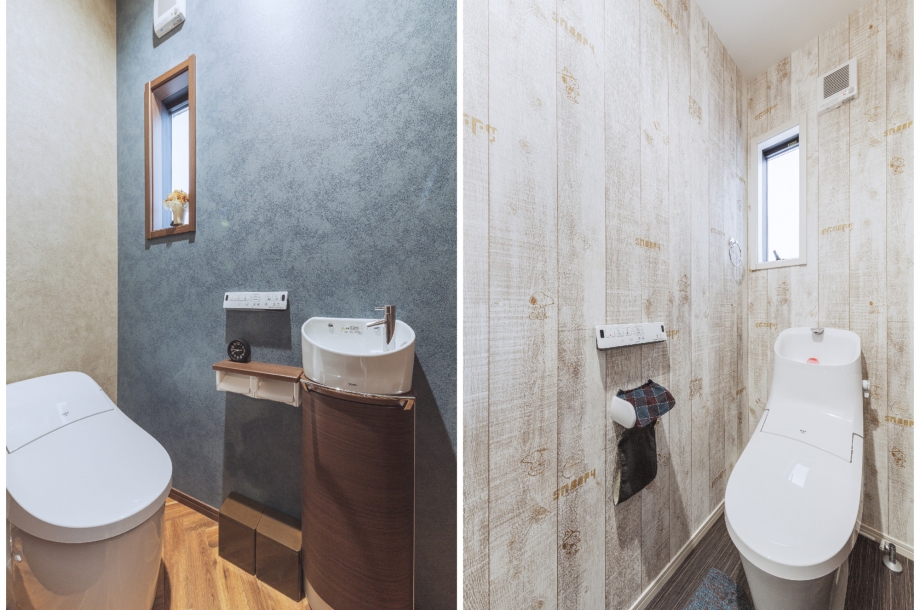 各階のトイレも壁紙や床材にこだわり家のテイストにあったデザインにまとめています。