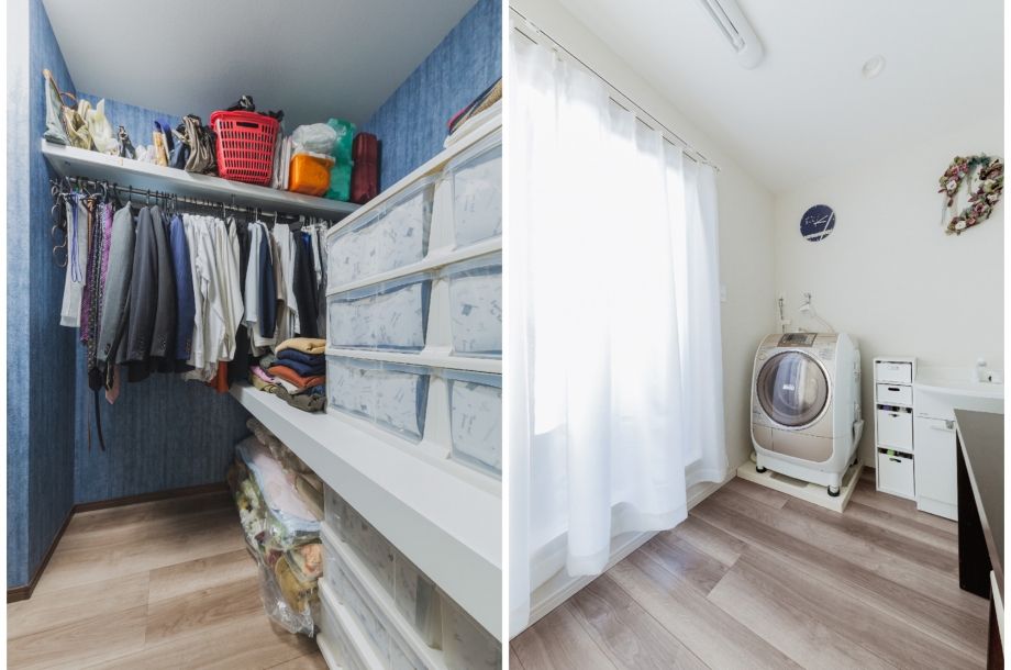 左：寝室に併設されたウォークインクローゼット。右：バルコニーの真横にある洗濯スペース。