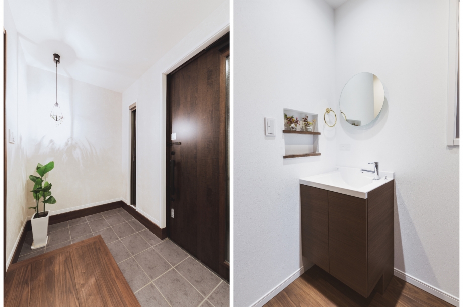 左：広々とした玄関スペース。　右：2階にあるミニ洗面化粧台