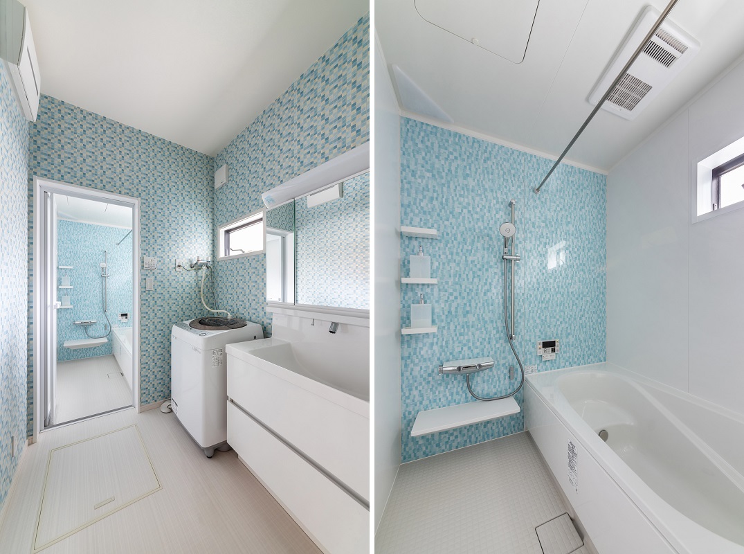 サニタリールームと浴室はライトブルーのクロスやアクセントパネルを選択し、爽やかで明るい雰囲気に。