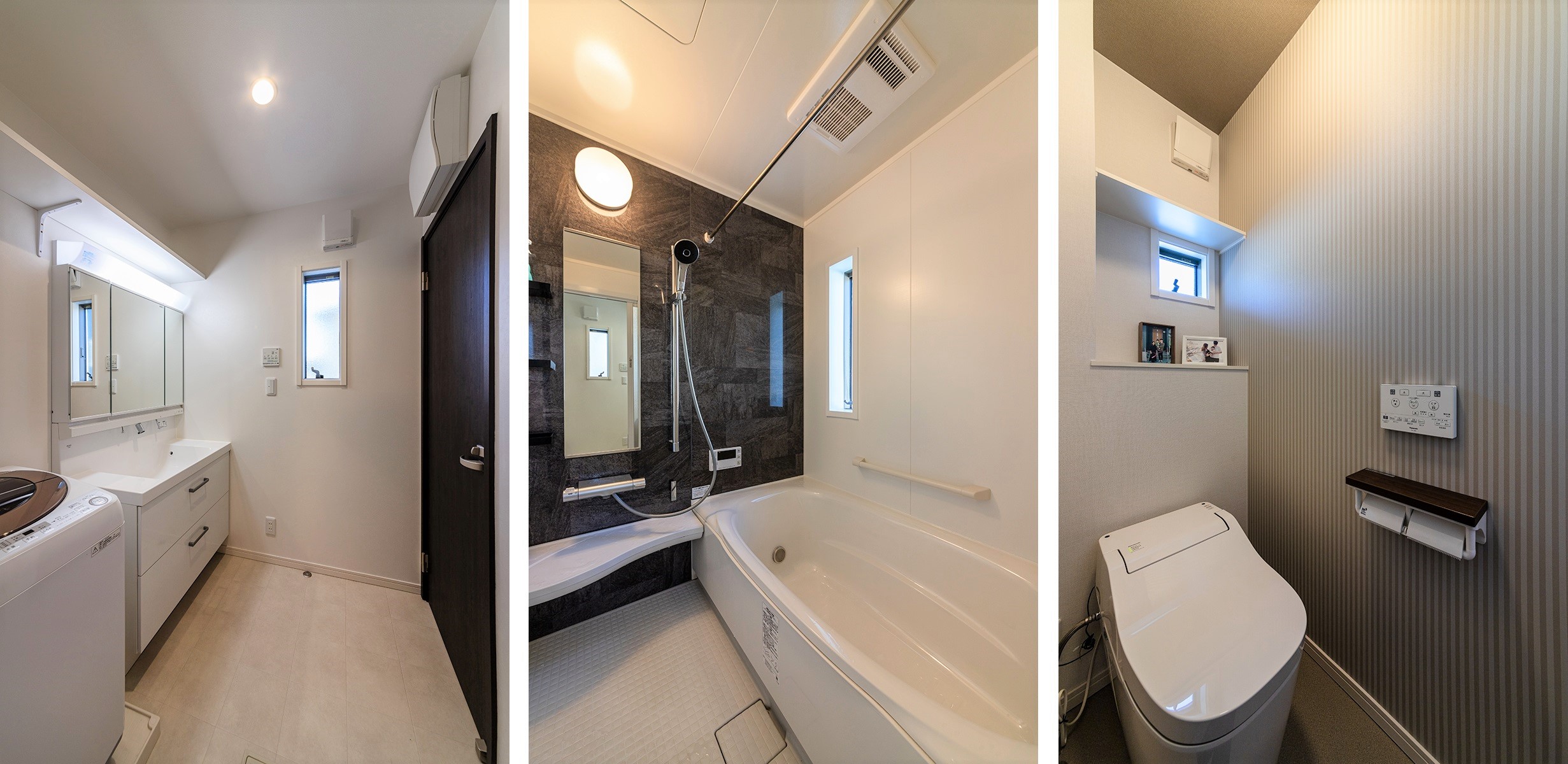 水回りはモノトーン調で統一し、大人モダンな印象に。<br />
広々とした洗面室はシンプルで使い勝手抜群です。トイレのストライプの壁紙もオシャレですね。