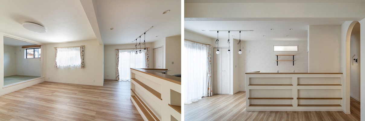 優しい光が差し込むLDKはとても広々としていて開放感があります。<br />
ホワイトを基調にした室内は、棚やキッチンに木製の素材を取り入れたり、一部壁紙の素材を変えることで空間に変化を持たせています。