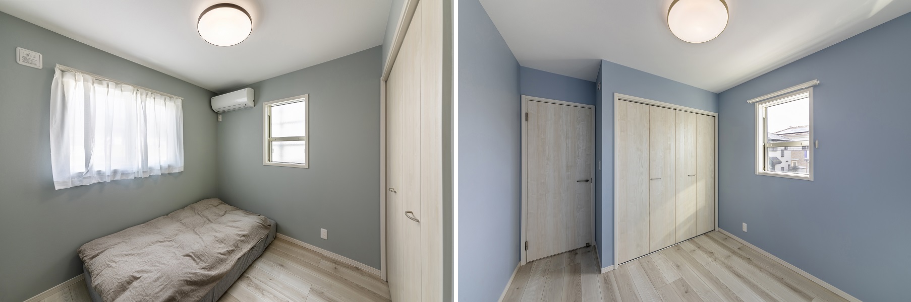 2部屋ある洋室のクロスはそれぞれグリーンとブルーの淡いくすみカラーを使用しています。<br />
シンプルでありながらオシャレさを感じられる空間になりました。