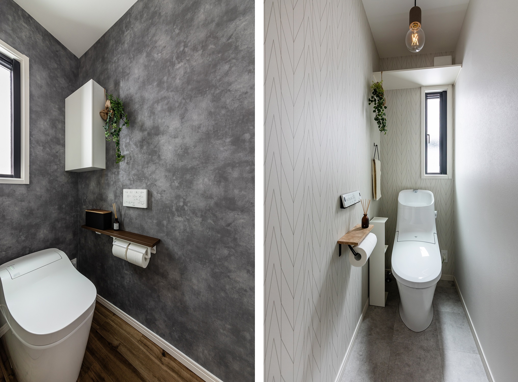 2ヶ所あるトイレは、白やグレーといった落ち着いたカラーの空間に、木目のペーパーホルダーや壁掛けのフェイクグリーンが優しいナチュラルさをプラスしてくれています。