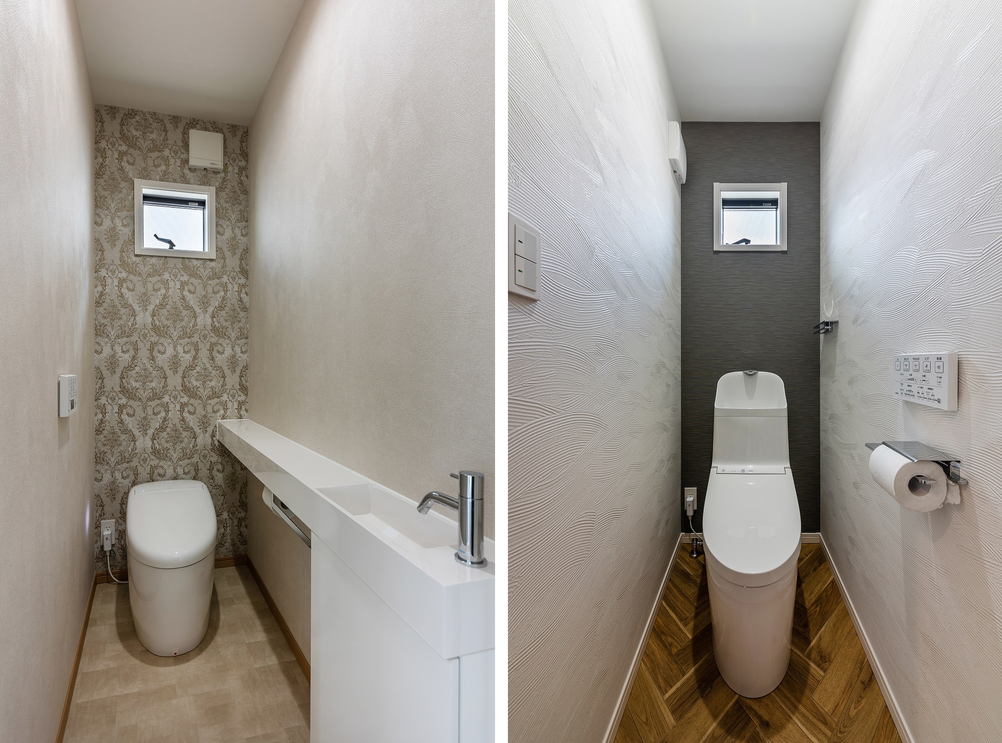 2ヶ所あるトイレは、ダマスク柄のアクセントクロスを使用しエレガントさを感じさせるデザインと、ヘリンボーン床とモノトーンのカラーがオシャレなデザインに仕上げました。<br />
どちらも施主様のこだわりを感じることができる空間となりました。