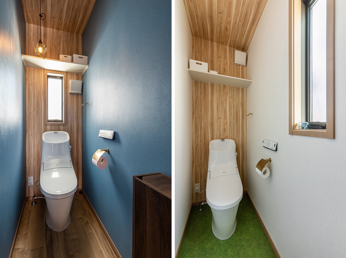 2ヶ所あるトイレは、どちらも木のぬくもりを取り入れながら、クロスやフローリングを変えることで変化を持たせています。