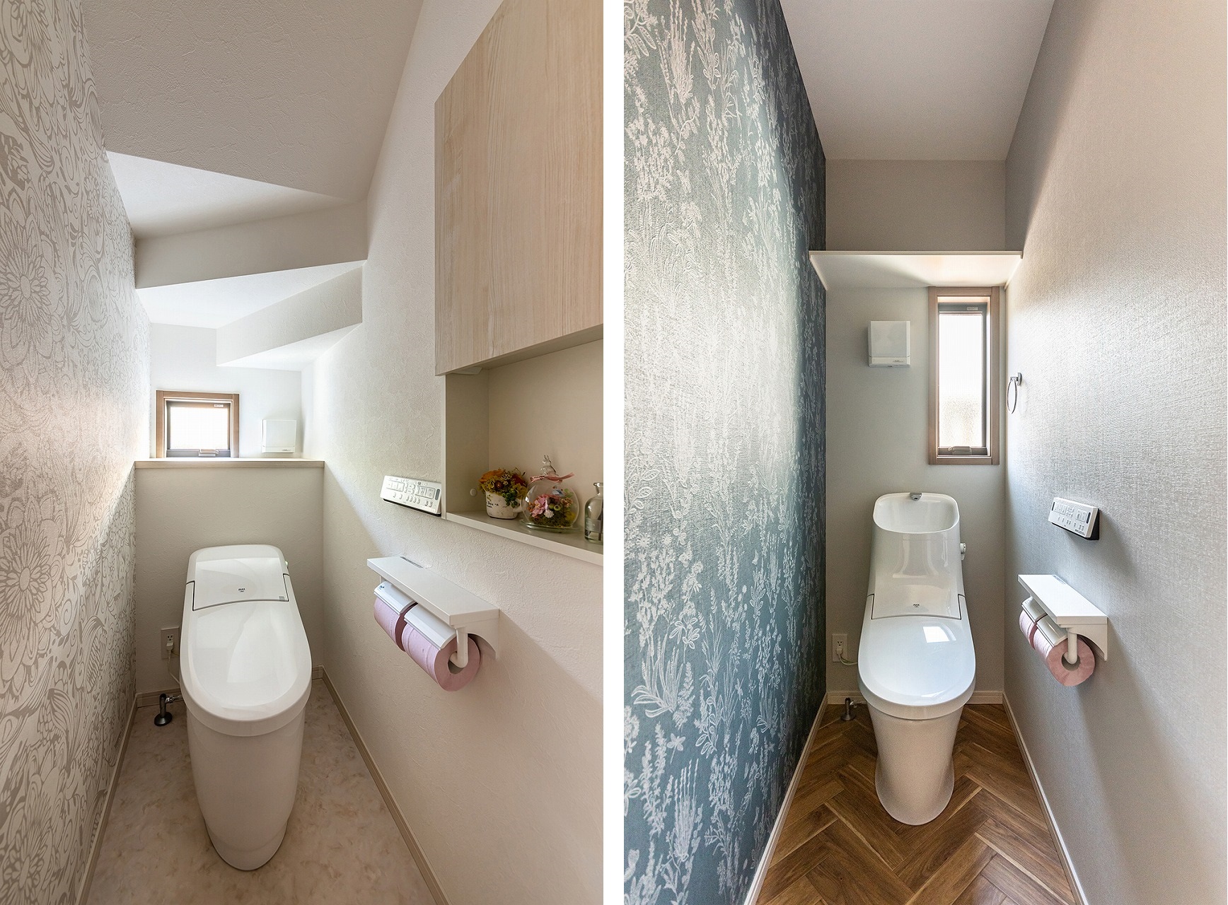 2ヶ所あるトイレは、どちらもおしゃれで特別感のある空間に仕上がりました。<br />
写真左：ホワイトカラーをベースにボタニカル柄のクロスが映える上品でモダンな空間に。<br />
写真右：深みのあるグリーンの植物柄のクロスとヘリンボーンの床がマッチしたデザイン性の高いオシャレな空間に。