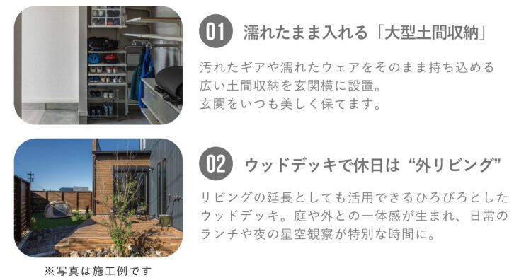 おすすめポイント！1.濡れたまま入れる「大型土間収納」2.ウッドデッキで休日は外リビング