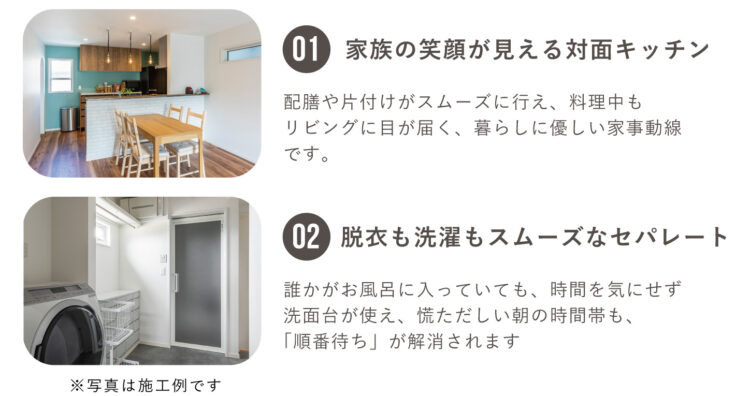 おススメポイント。1.家族の笑顔が見える対面キッチン。2.脱衣も洗濯もスムーズなセパレート。