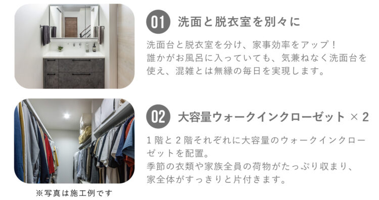 おすすめポイント！1.洗面と脱衣室を別々に。2.大容量ウォークインクローゼット×2